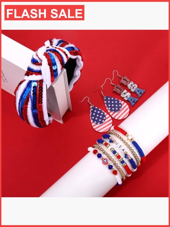 Patriotic Beaded Headband Earrings Bracelet Set main image 6